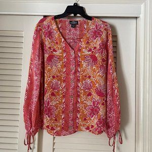 Angie Pink/Orange Floral Long Sleeve Wood button Down V Neck Boho Blouse Top M